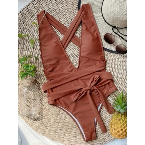 Bohemian Rust Plunging Neckline Wrap Tie Monokini One Piece Swim Beach S M L XL - Picture 2 of 7